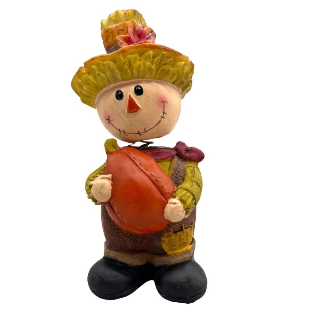 Halloween Scarecrow Bobblehead Figure Boy Holding‎ Pumpkin Harvest Decor 5"
